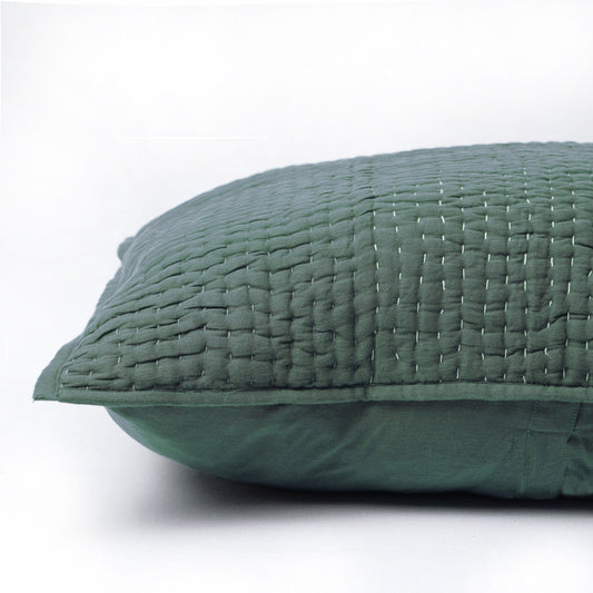 Olive Green Kantha Pillow Shams | Hand Quilted 4-Layer Muslin Gauze | Multiple Sizes