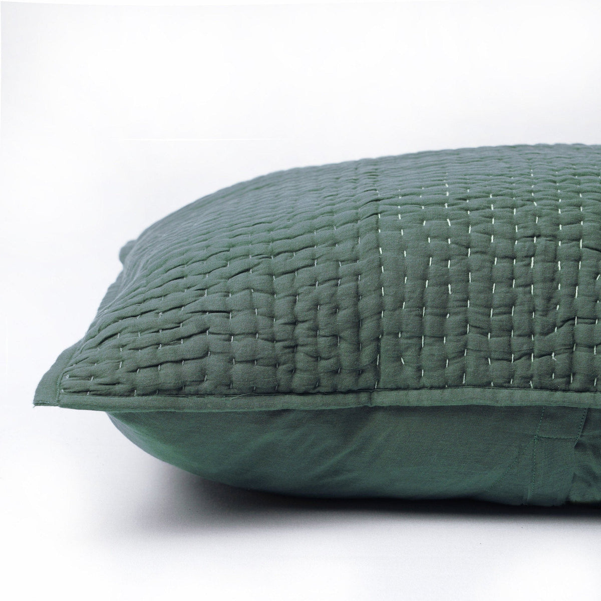 Olive Green Kantha Quilted Bed Set | Hand Quilted 4-Layer Muslin Gauze | Twin, Queen & King