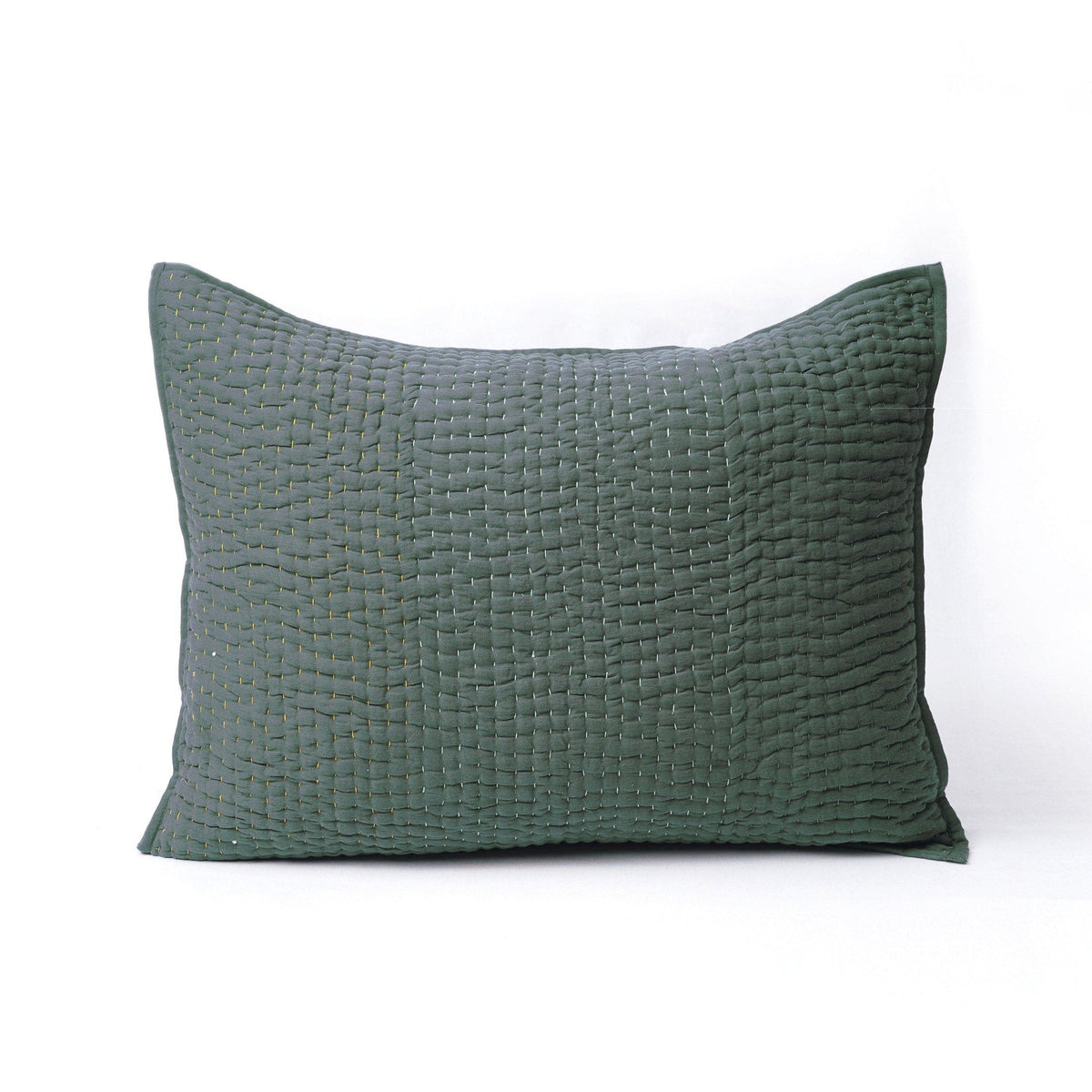 Olive Green Kantha Pillow Shams | Hand Quilted 4-Layer Muslin Gauze | Multiple Sizes