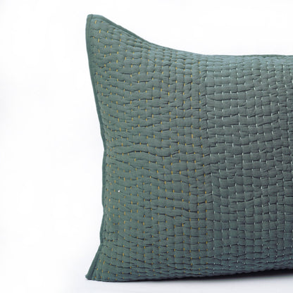 Olive Green Kantha Pillow Shams | Hand Quilted 4-Layer Muslin Gauze | Multiple Sizes