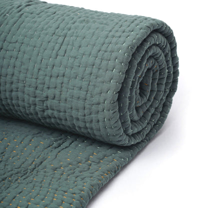 Olive Green Kantha Quilted Bed Set | Hand Quilted 4-Layer Muslin Gauze | Twin, Queen & King