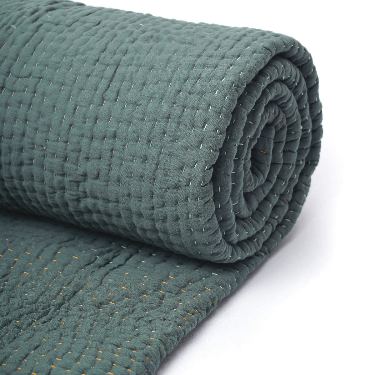 Olive Green Kantha Quilt | Hand Quilted 4-Layer Muslin Gauze | Twin, Queen & King