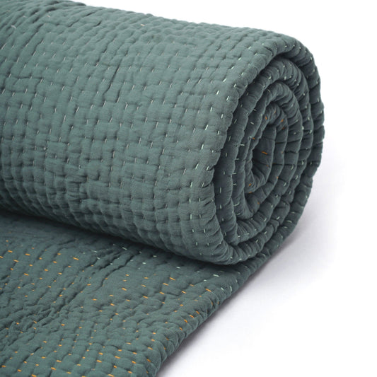 Olive Green Kantha Quilt | Hand Quilted 4-Layer Muslin Gauze | Twin, Queen & King