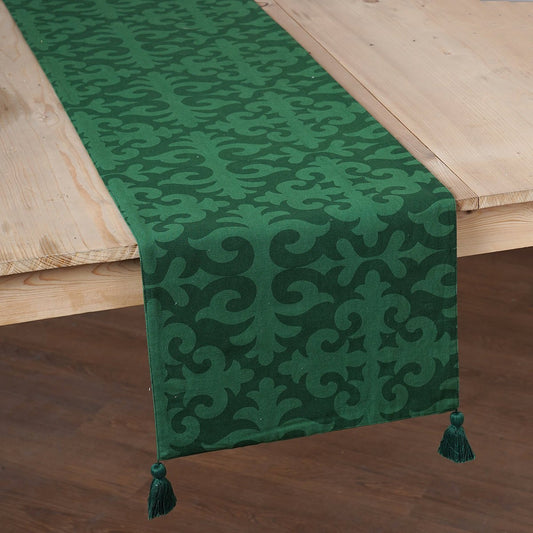 Tropical Green Moroccan Print Table Runner Handcrafted Cotton with Tassels