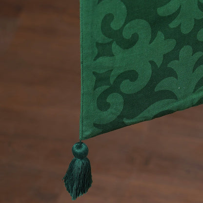 Tropical Green Moroccan Print Table Runner Handcrafted Cotton with Tassels