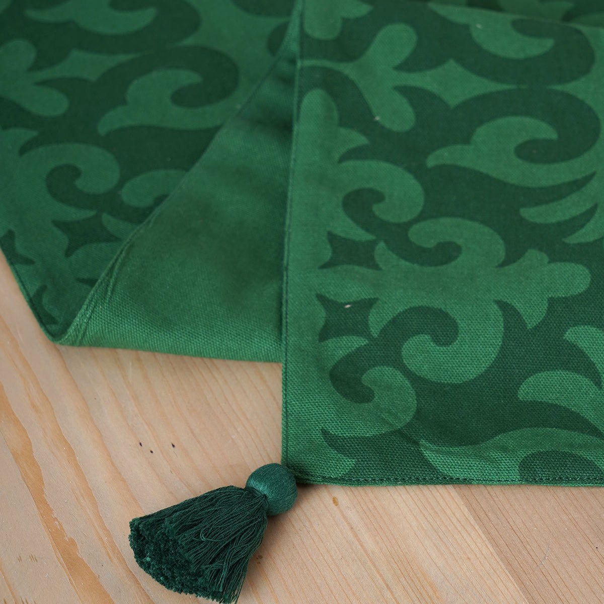 Tropical Green Moroccan Print Table Runner Handcrafted Cotton with Tassels