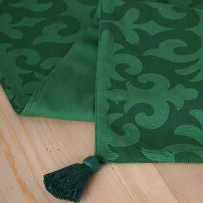 Tropical Green Moroccan Print Table Runner Handcrafted Cotton with Tassels