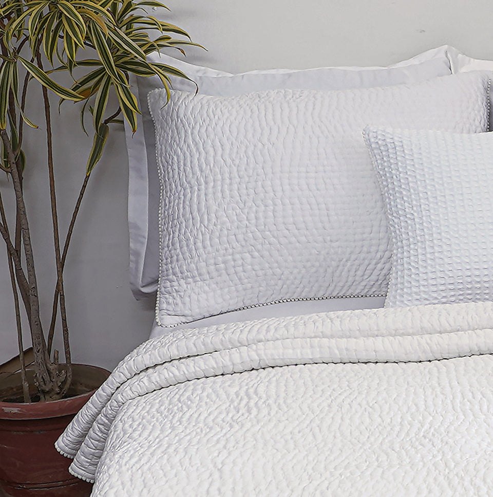 Shwet White Kantha Quilted Bed Set | Stripe Pattern | 100% Cotton | Twin, Queen & King