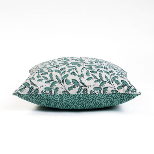 Elegant Aqua Green Reversible Cotton Throw Pillow Cover with Mid-Century Leaf Print Design
