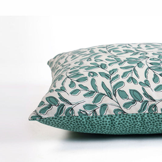 Elegant Aqua Green Reversible Cotton Throw Pillow Cover with Mid-Century Leaf Print Design