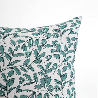Elegant Aqua Green Reversible Cotton Throw Pillow Cover with Mid-Century Leaf Print Design