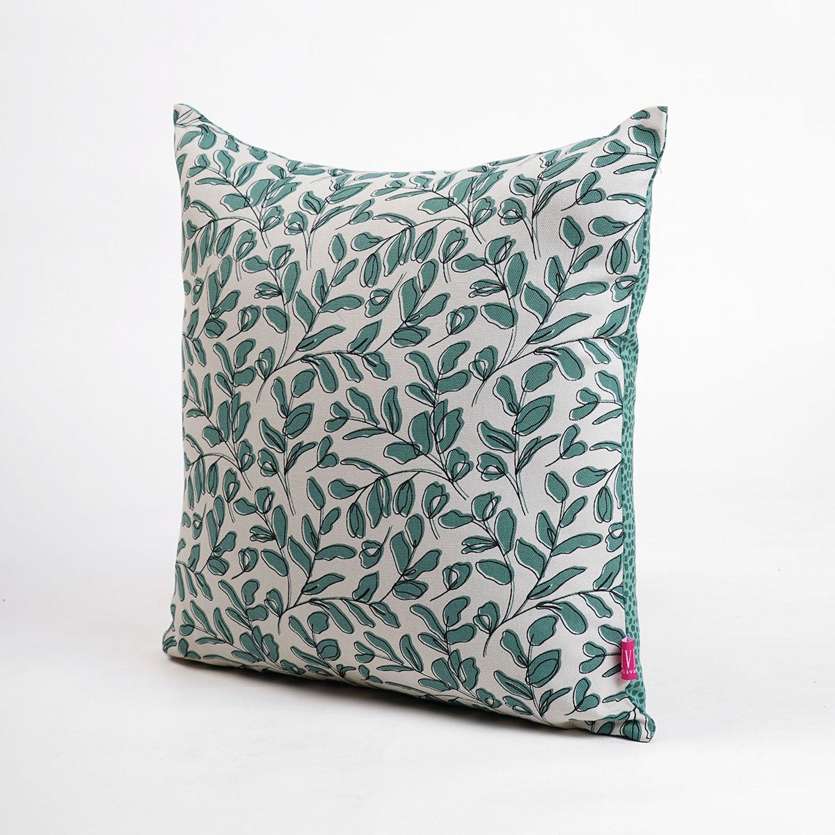 Elegant Aqua Green Reversible Cotton Throw Pillow Cover with Mid-Century Leaf Print Design