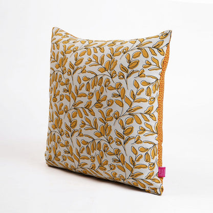 Modern Retro Mustard Yellow Leaf Print Reversible Cushion Cover | Cotton | Multiple Sizes
