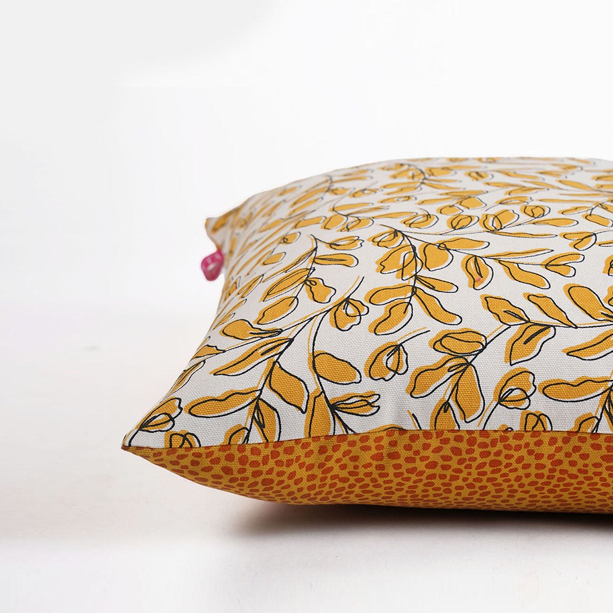 Modern Retro Mustard Yellow Leaf Print Reversible Cushion Cover | Cotton | Multiple Sizes