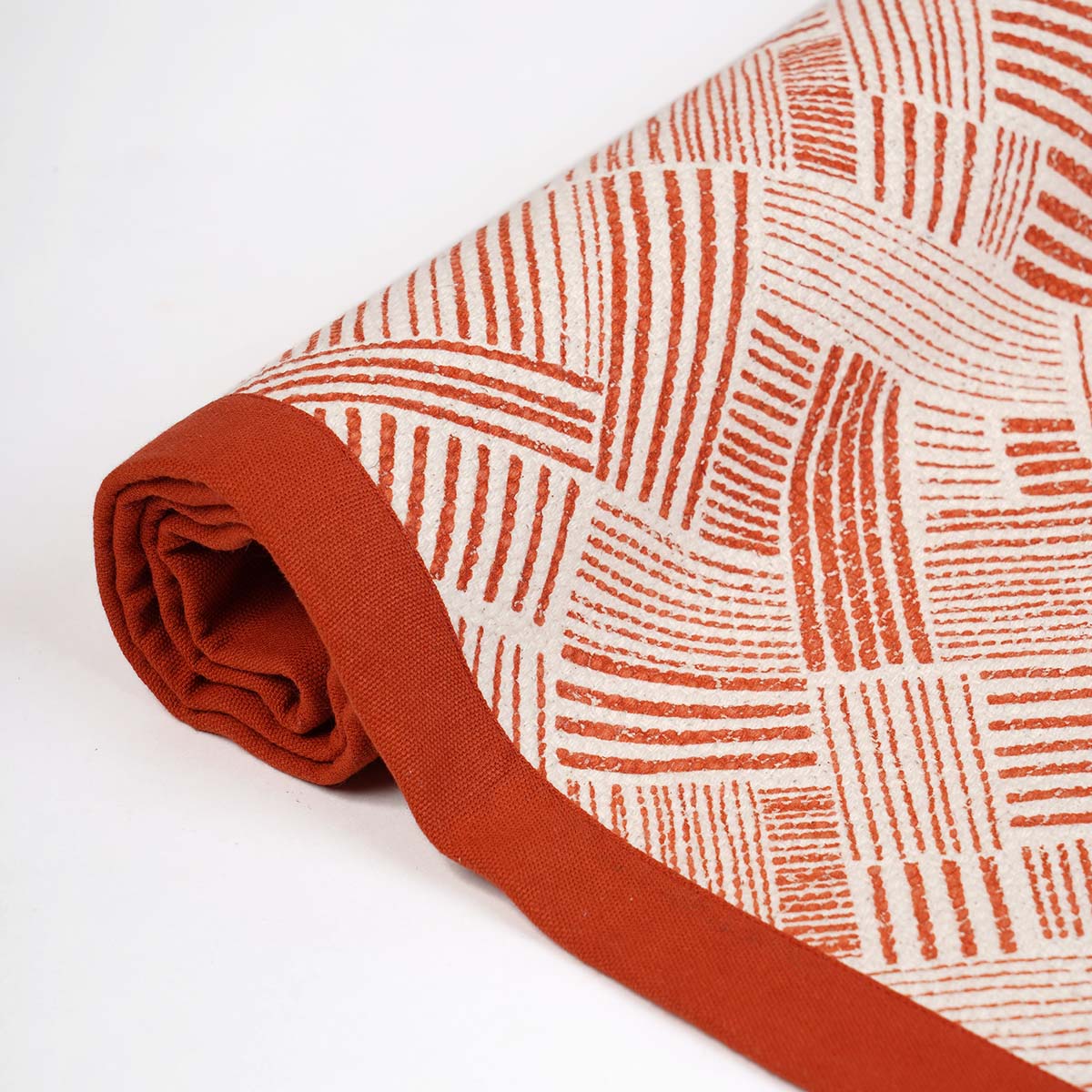 Modern Retro Terracotta Cotton Rug | Stripe Print | Mid-Century Modern