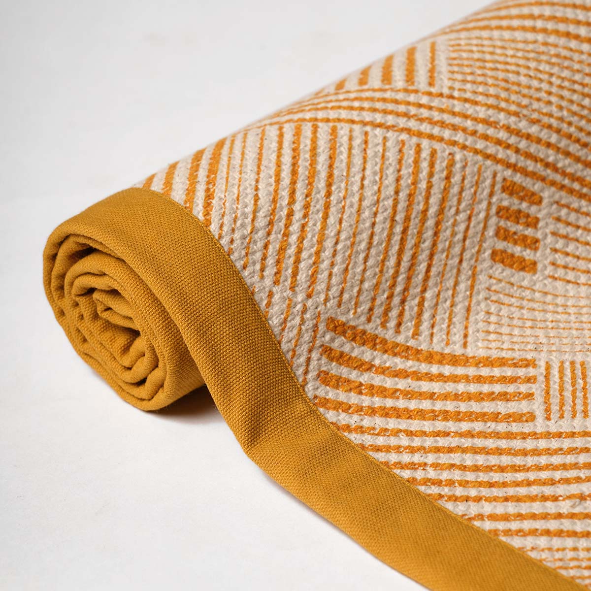 Modern Retro Mustard Yellow Cotton Rug | Stripe Print | Mid-Century Modern