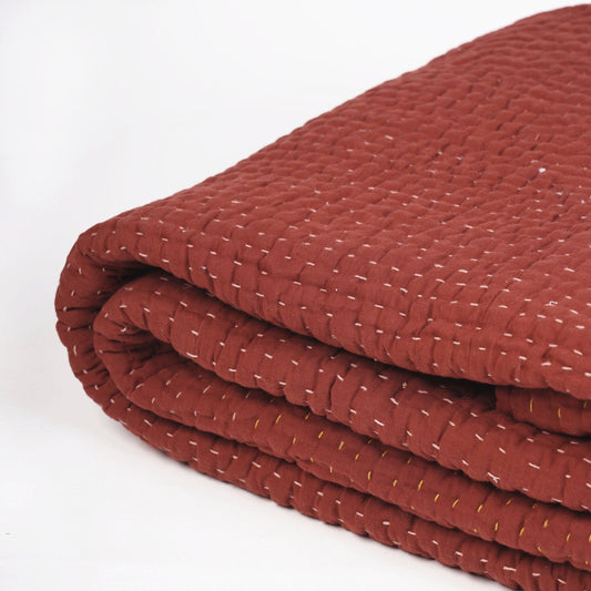 Terracotta Kantha Quilt | Hand Quilted 4-Layer Muslin Gauze | Twin, Queen & King