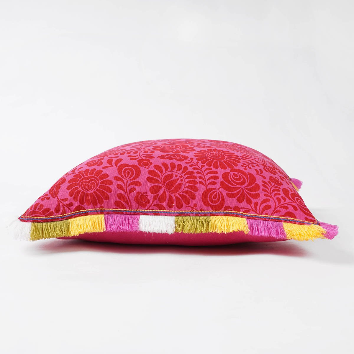 Hot Pink MATYO Cotton Pillow Cover with Multicolour Acrylic Fringe