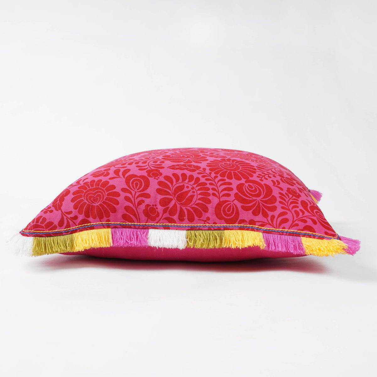 MATYO - Hot Pink Colour Bed Runner Set in Printed Cotton with Fringe - King / Queen / Twin Size