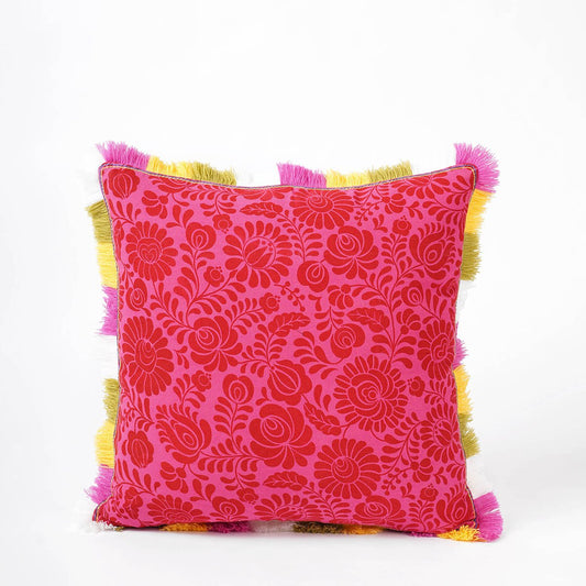 Hot Pink MATYO Cotton Pillow Cover with Multicolour Acrylic Fringe