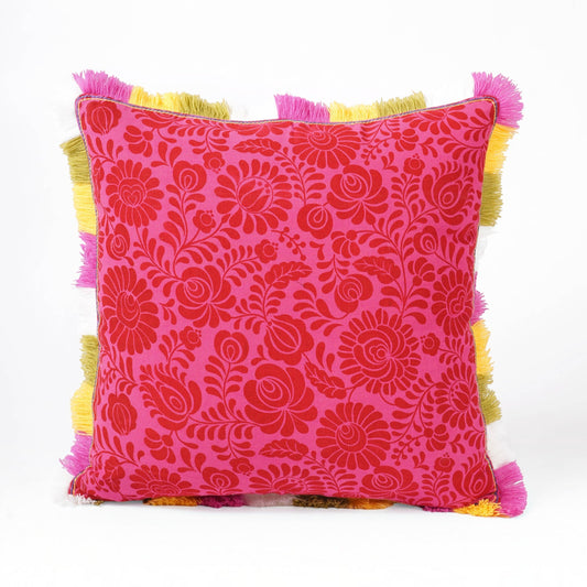 Matyo Collection | Hot Pink Printed Cotton Cushion Cover with Multicolour Acrylic Fringe | Multiple Sizes