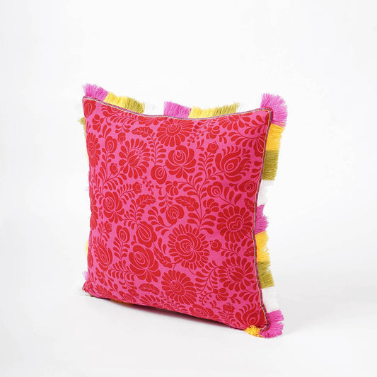 Matyo Collection | Hot Pink Printed Cotton Cushion Cover with Multicolour Acrylic Fringe | Multiple Sizes