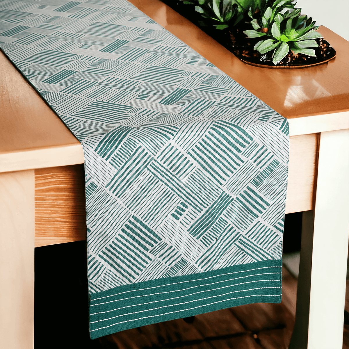Modern Retro Aqua Green Stripe Print Cotton Table Runner | Embroidered Border | 4 & 6 Seater