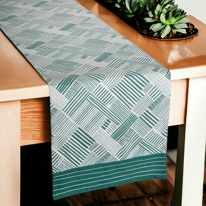 Modern Retro Aqua Green Stripe Print Cotton Table Runner | Embroidered Border | 4 & 6 Seater