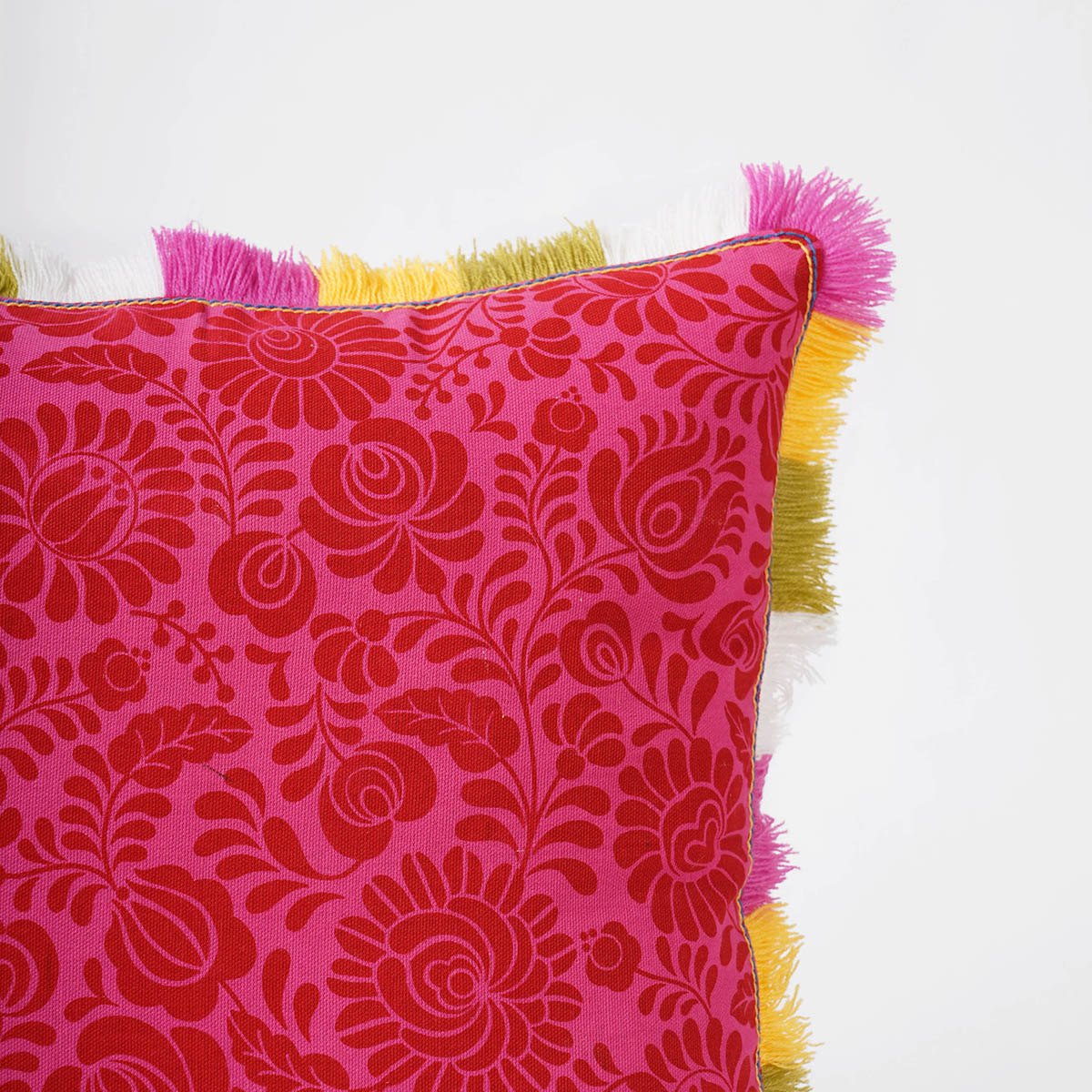 Hot Pink MATYO Cotton Pillow Cover with Multicolour Acrylic Fringe