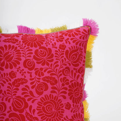 Hot Pink MATYO Cotton Pillow Cover with Multicolour Acrylic Fringe