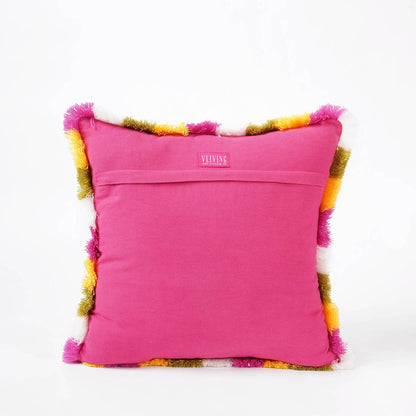 Hot Pink MATYO Cotton Pillow Cover with Multicolour Acrylic Fringe