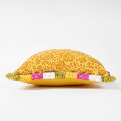 MATYO Yellow Printed Cotton Pillow Cover with Multicolour Fringe