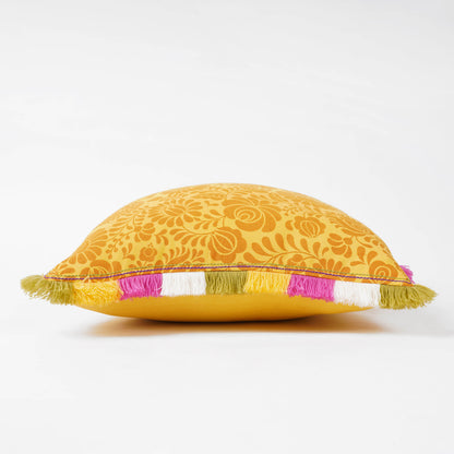 MATYO - Yellow Colour Bed Runner Set in Printed Cotton with Fringe - King / Queen / Twin Size