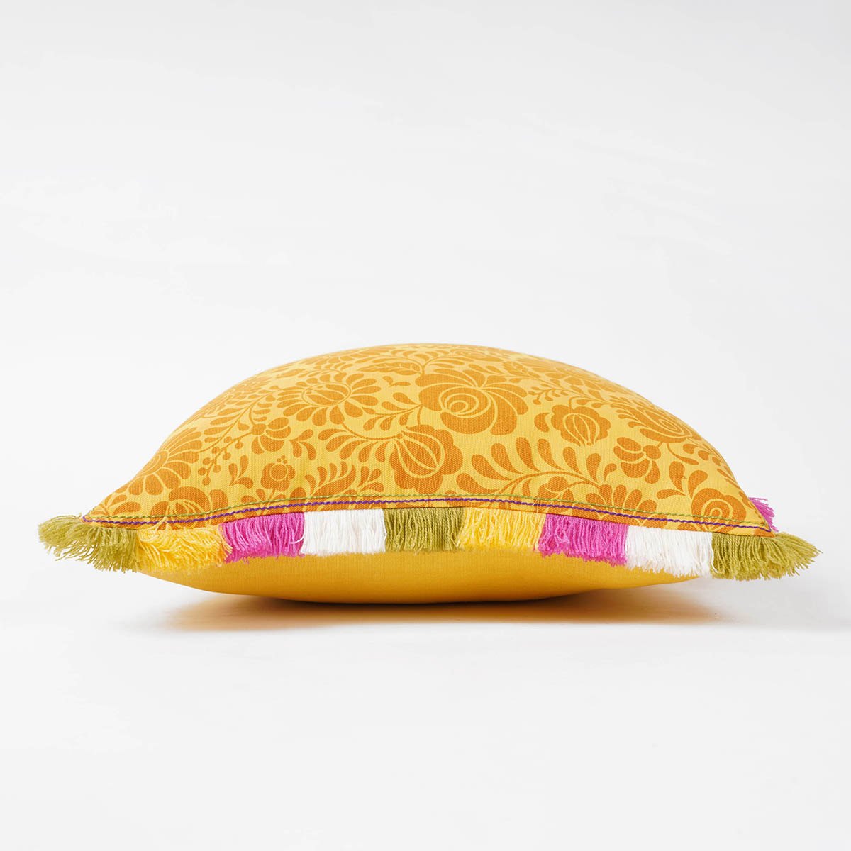 Matyo Collection | Yellow Printed Cotton Cushion Cover with Multicolour Acrylic Fringe | Multiple Sizes