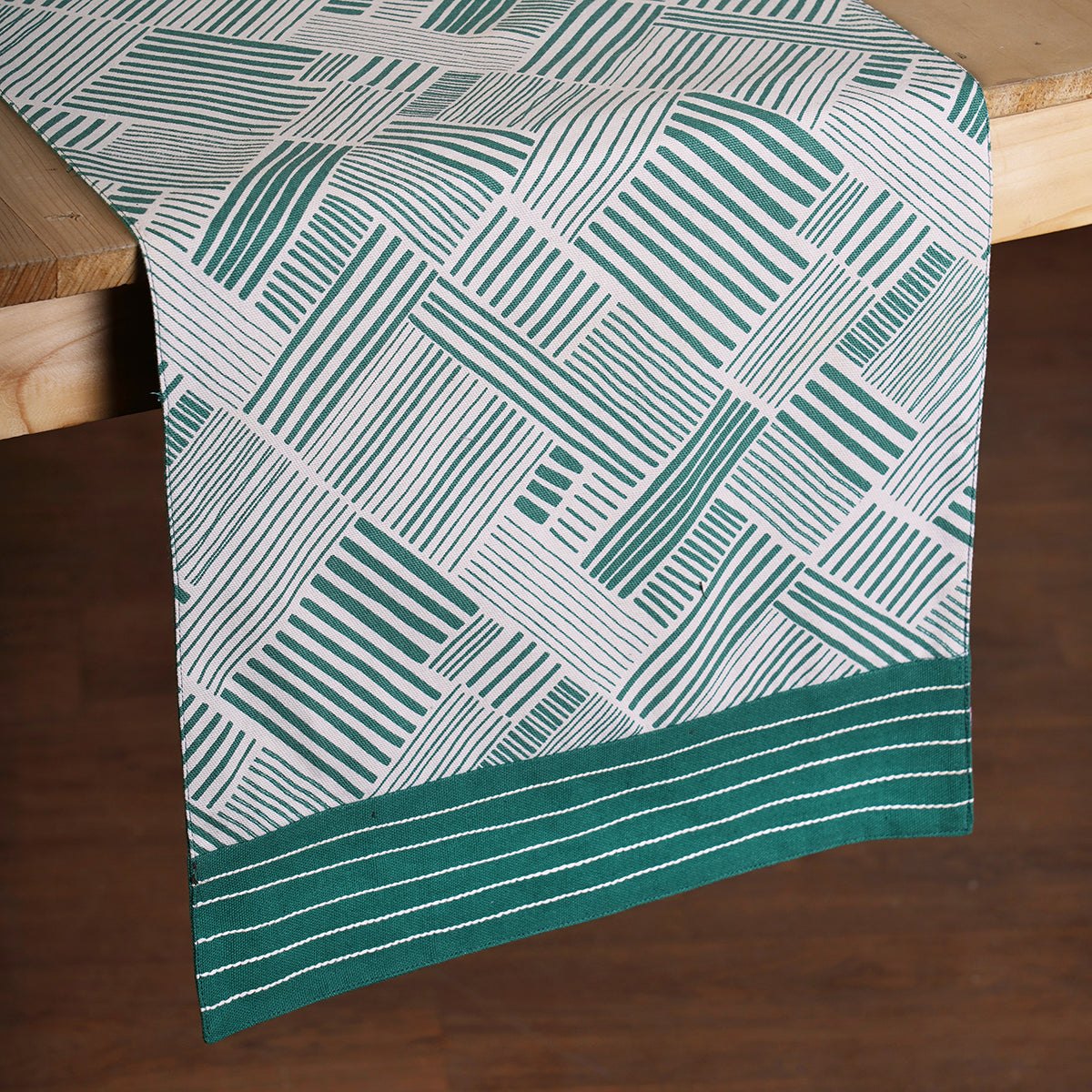 Modern Retro Aqua Green Stripe Print Cotton Table Runner | Embroidered Border | 4 & 6 Seater