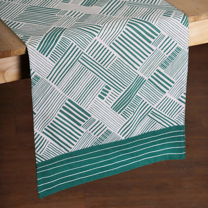 Modern Retro Aqua Green Stripe Print Cotton Table Runner | Embroidered Border | 4 & 6 Seater
