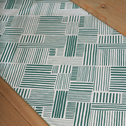 Modern Retro Aqua Green Stripe Print Cotton Table Runner | Embroidered Border | 4 & 6 Seater