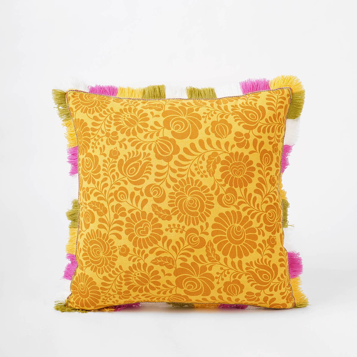 MATYO Yellow Printed Cotton Pillow Cover with Multicolour Fringe