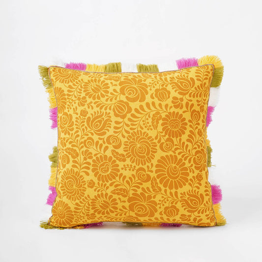 MATYO Yellow Printed Cotton Pillow Cover with Multicolour Fringe
