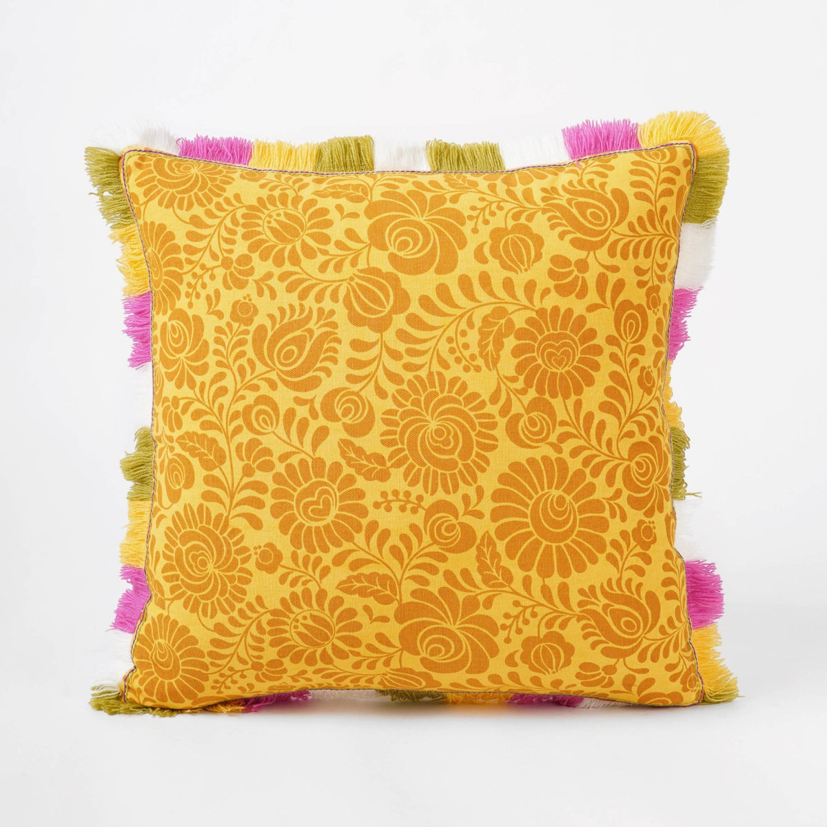 Matyo Collection | Yellow Printed Cotton Cushion Cover with Multicolour Acrylic Fringe | Multiple Sizes