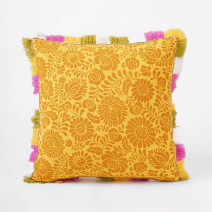 Matyo Collection | Yellow Printed Cotton Cushion Cover with Multicolour Acrylic Fringe | Multiple Sizes