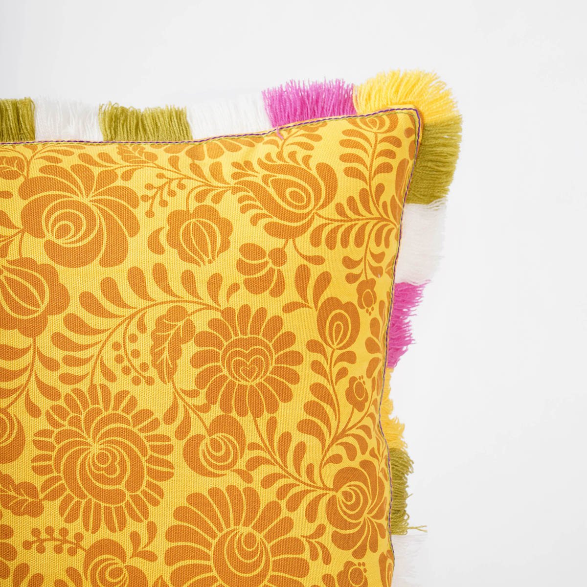 Matyo Collection | Yellow Printed Cotton Cushion Cover with Multicolour Acrylic Fringe | Multiple Sizes