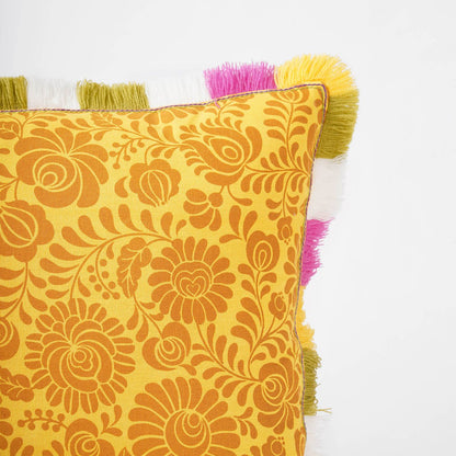 Matyo Collection | Yellow Printed Cotton Cushion Cover with Multicolour Acrylic Fringe | Multiple Sizes