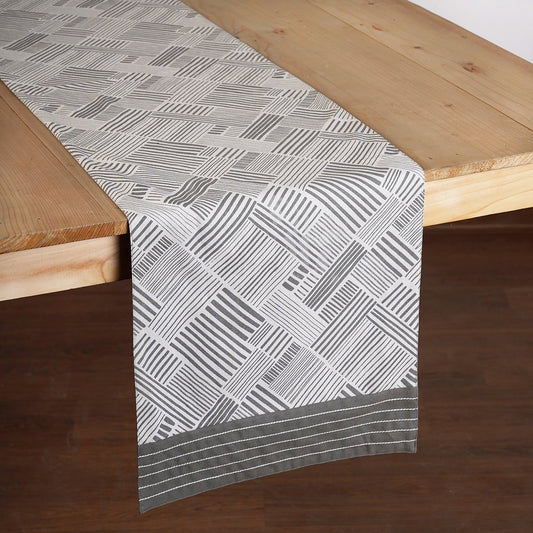 Modern Retro Grey Cotton Table Runner with Embroidered Stripe