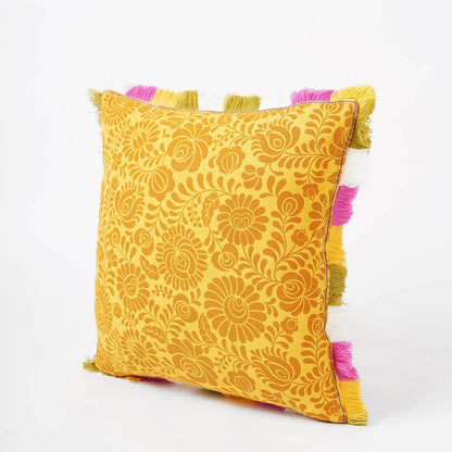 Matyo Collection | Yellow Printed Cotton Cushion Cover with Multicolour Acrylic Fringe | Multiple Sizes