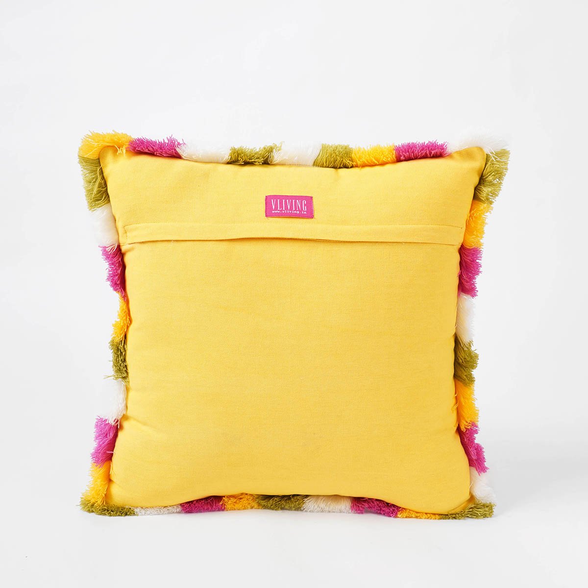 Matyo Collection | Yellow Printed Cotton Cushion Cover with Multicolour Acrylic Fringe | Multiple Sizes