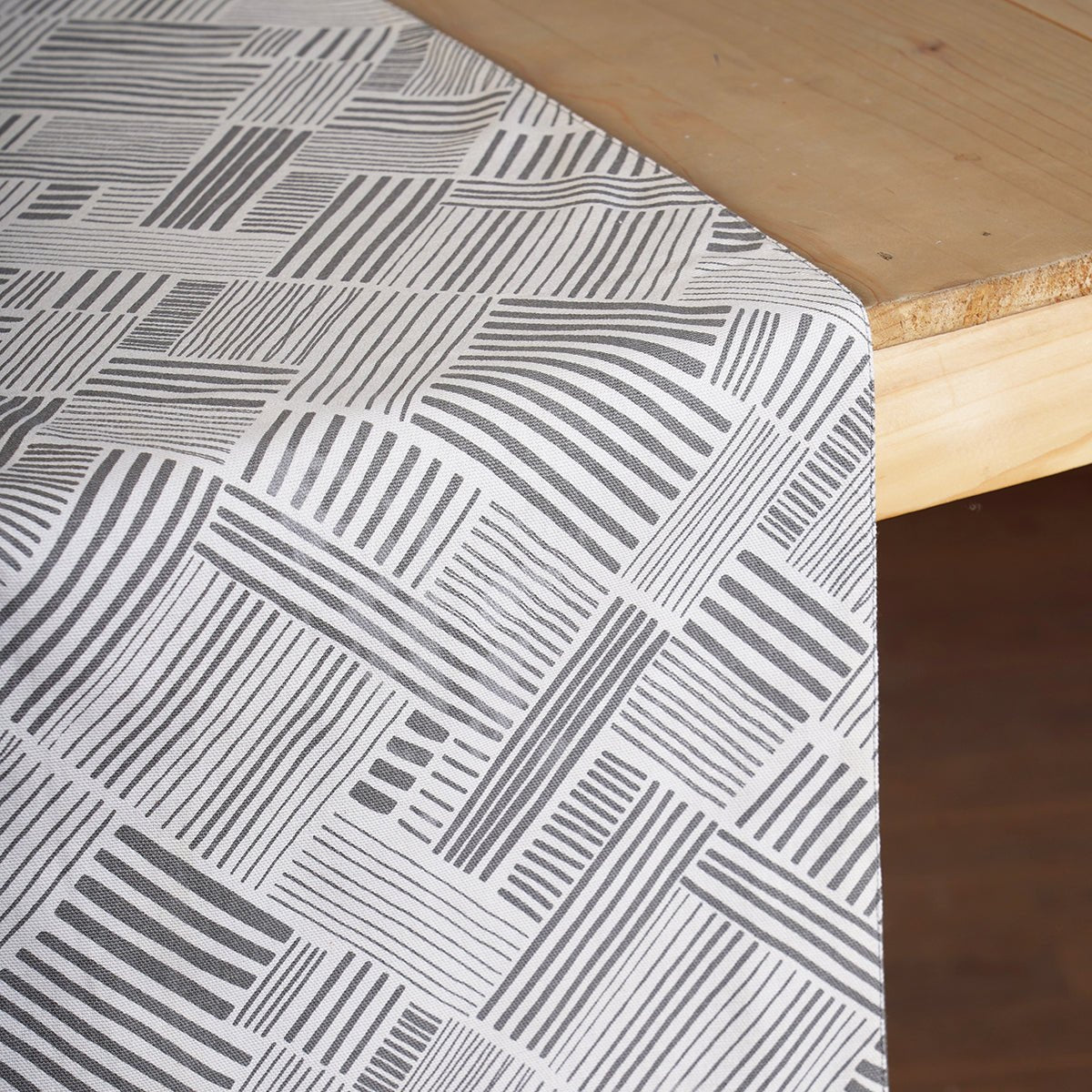 Modern Retro Grey Cotton Table Runner with Embroidered Stripe