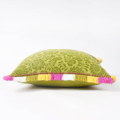 MATYO Green Printed Cotton Pillow Cover with Multicolour Fringe
