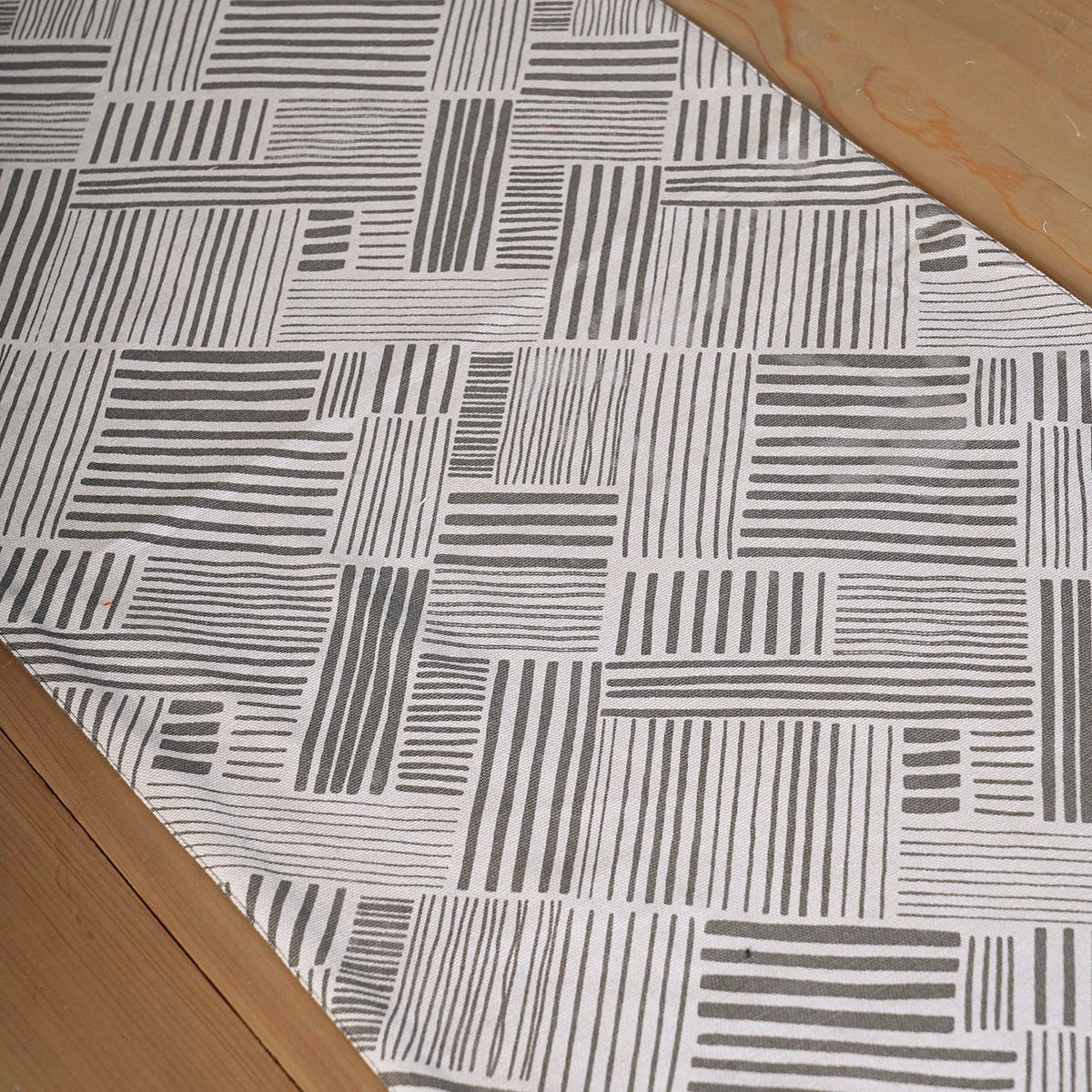 Modern Retro Grey Cotton Table Runner with Embroidered Stripe