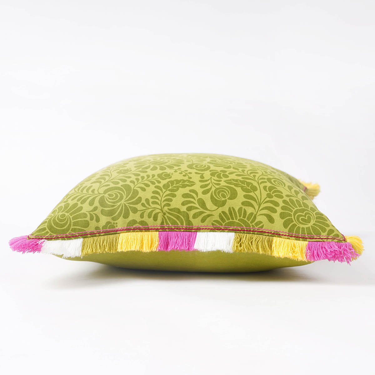 Matyo Collection | Green Printed Cotton Cushion Cover with Multicolour Acrylic Fringe | Multiple Sizes